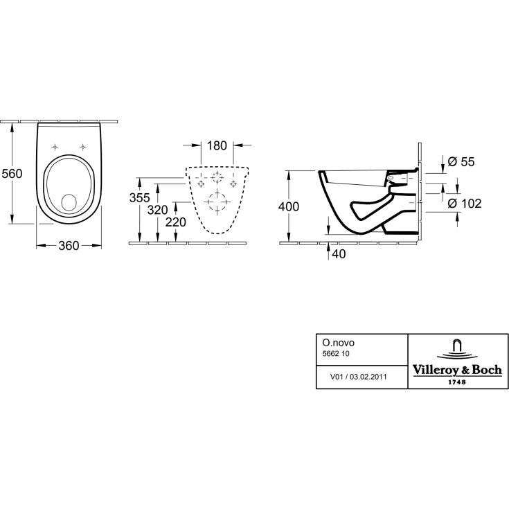 Villeroy & Boch O.novo vegghengt toalett, 36x56 cm, hvit