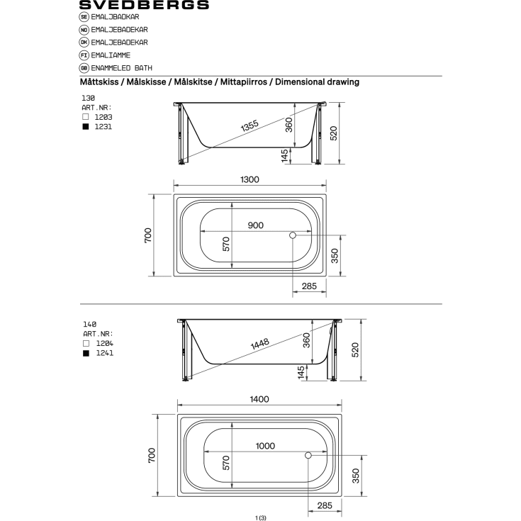 Svedbergs badekar, 150x70 cm, hvid