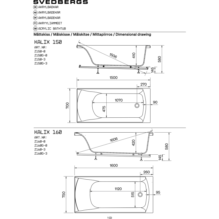 Svedbergs Z160 badkar, 160x75 cm, vit