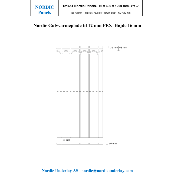 Nordic gulvvarmeplade 1200x600x16 mm, 12 mm pex-rør