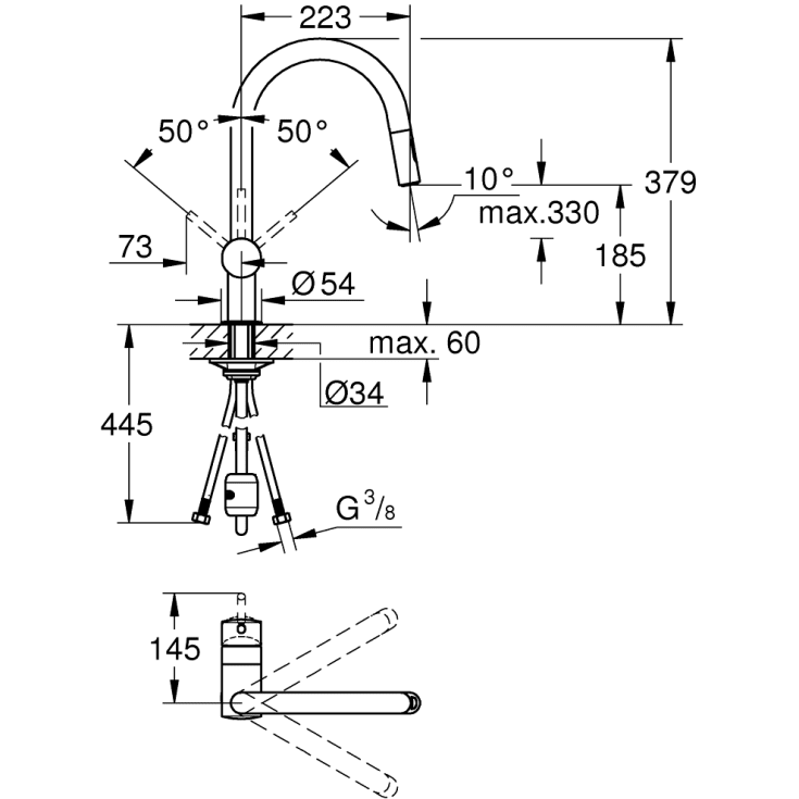 Grohe Minta køkkenarmatur, udtrækstud, børstet messing