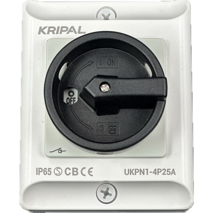 Kripal sikkerhetsbryter 25A AC23 3P+N, frontbetjent, grå/svart