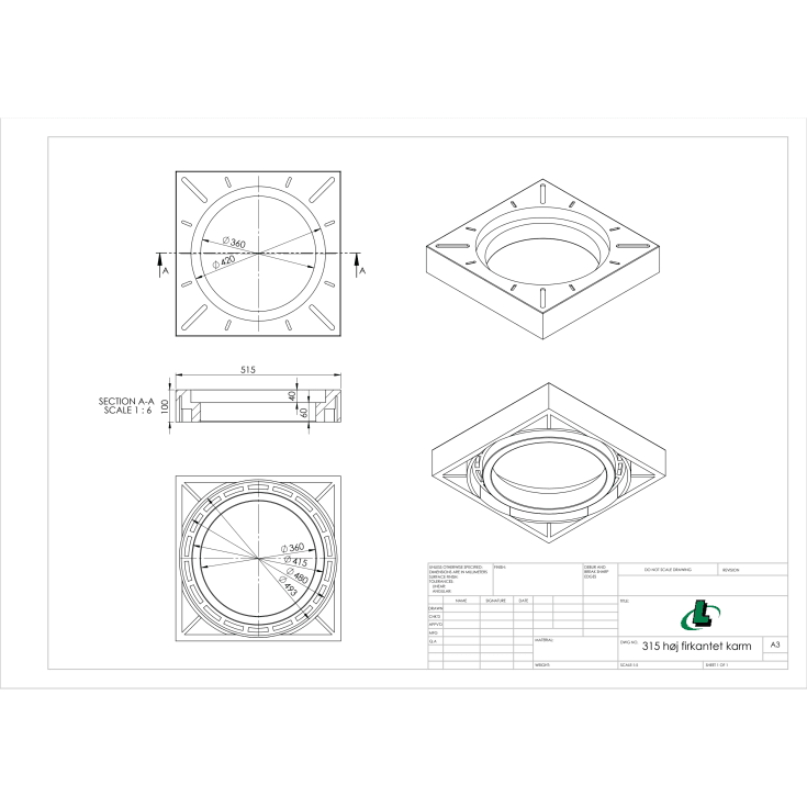 Lauridsen 315 mm karm med fals, firk., fast, høj, genbrugsplast