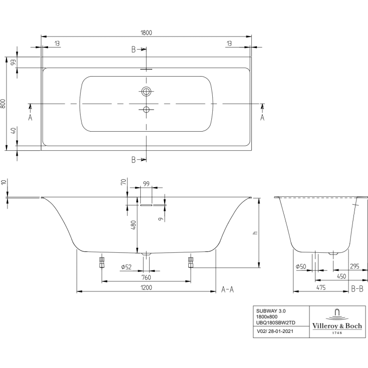 V&B Subway 3.0 Badekar for innbygging, med SilentFlow, 1800x800 mm, Stone White