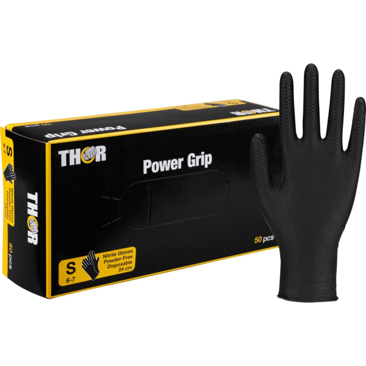 Thor engangshanske Power Grip, nitril, pudderfri, svart, størrelse S