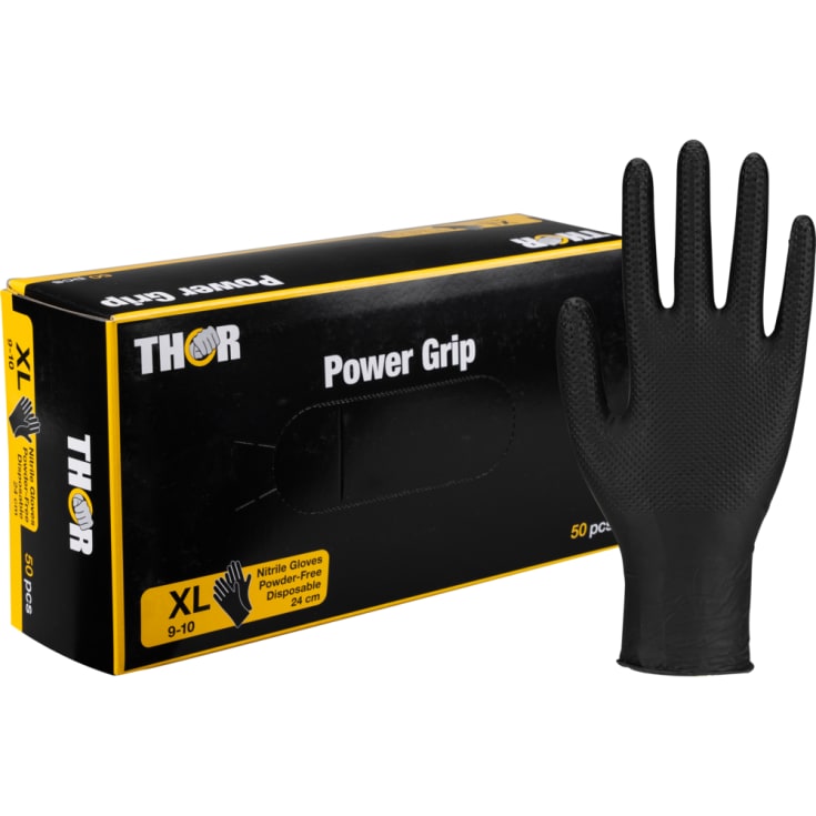 Thor engangshanske Power Grip, nitril, pudderfri, svart, størrelse XL