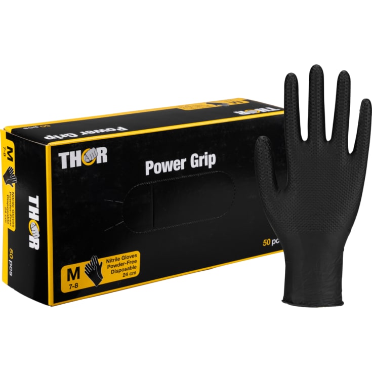Thor engangshanske Power Grip, nitril, pudderfri, svart, størrelse M