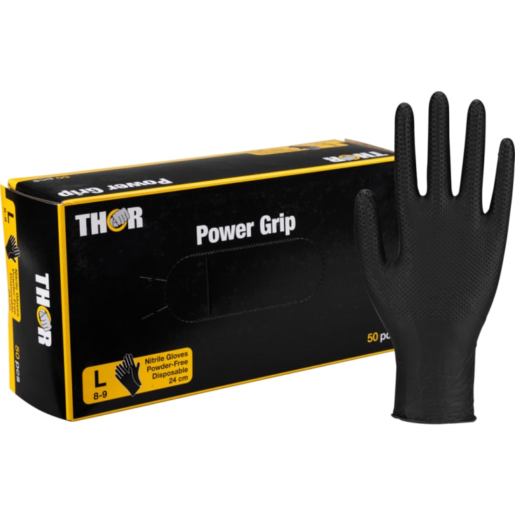 Thor engangshanske Power Grip, nitril, pudderfri, svart, størrelse L