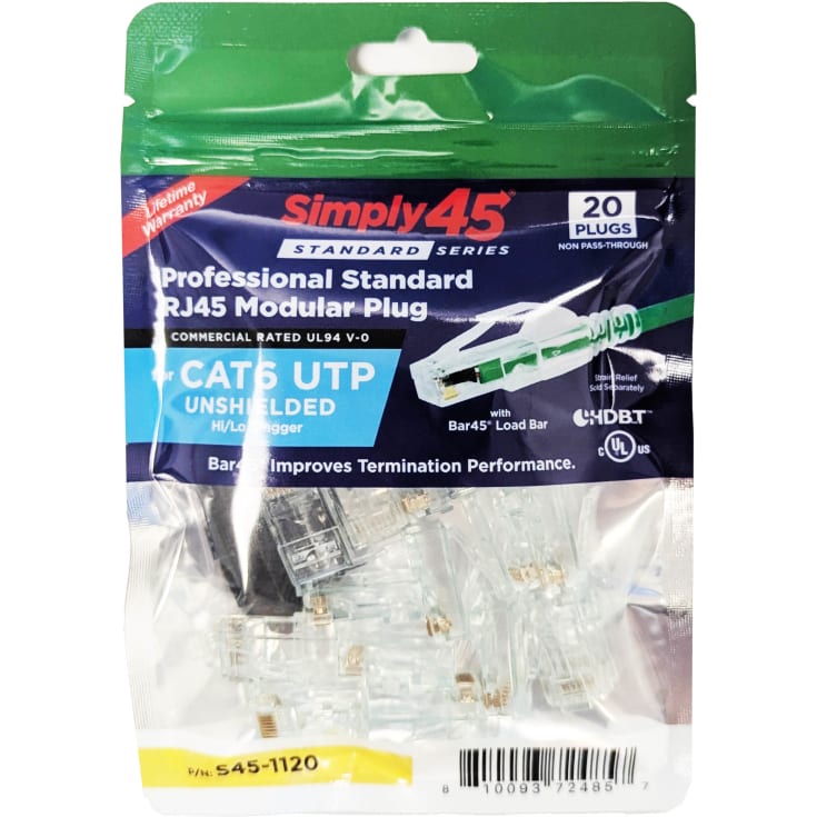 Simply45 RJ45 standard stik CAT.6/6A uskærmet, grøn, 20-pak