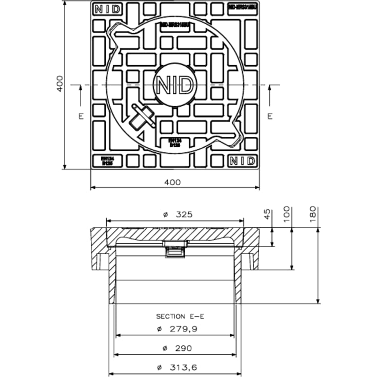 NID 315 mm karm/dæksel u/lås, firkant, fast, 12,5 t, grå, komposit