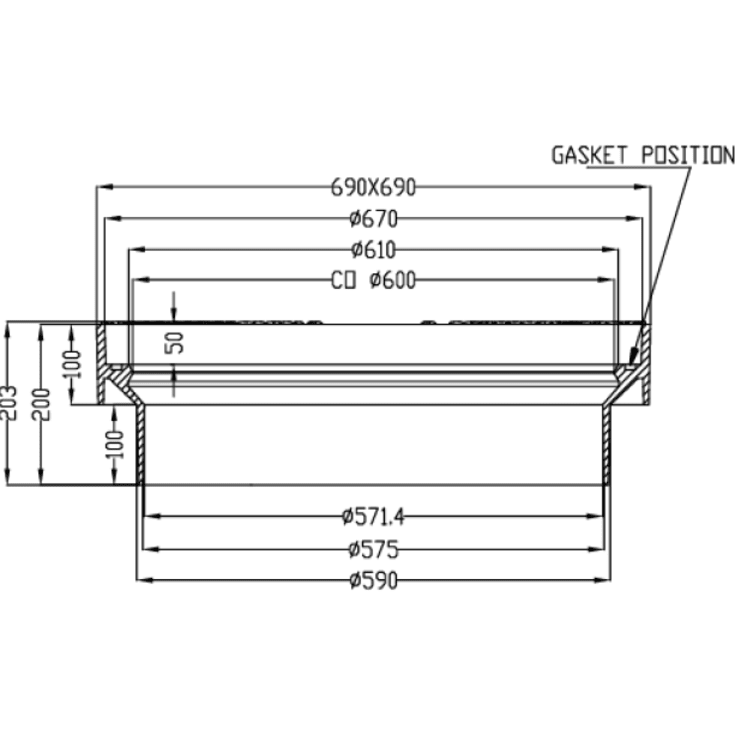 NID 600 x 203 mm karm med pakning, firkantet, fast, SG