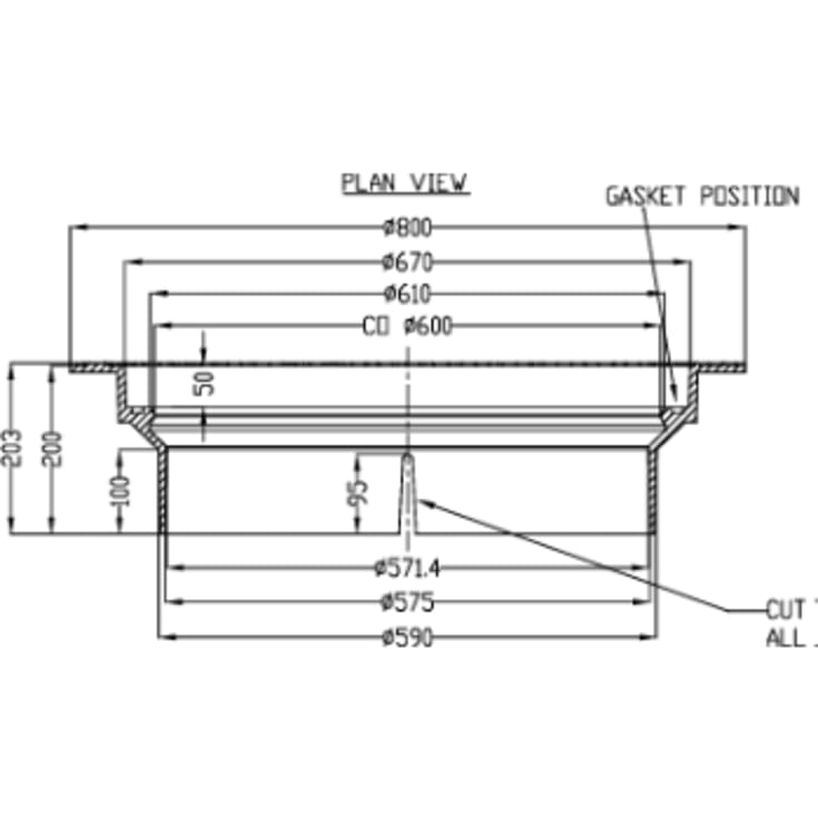 NID 600 x 203 mm karm med pakning, rund, flydende, SG