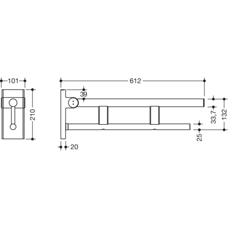 Hewi System 900 Duo armstøtte, 61,2 cm, børstet rustfrit stål