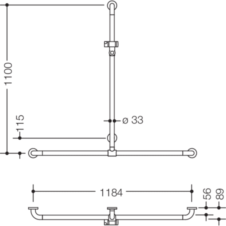 Hewi 801 T støttehåndtak/dusjstang, 118,4x110 cm, krom/grå