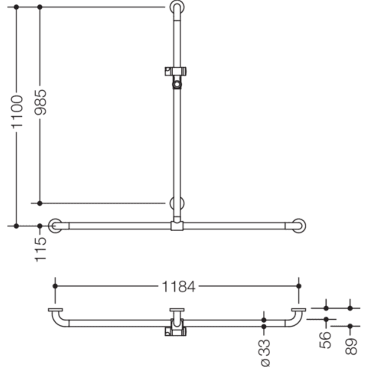 Hewi 801 T støttegreb/brusestang, 118,4x110 cm, grå