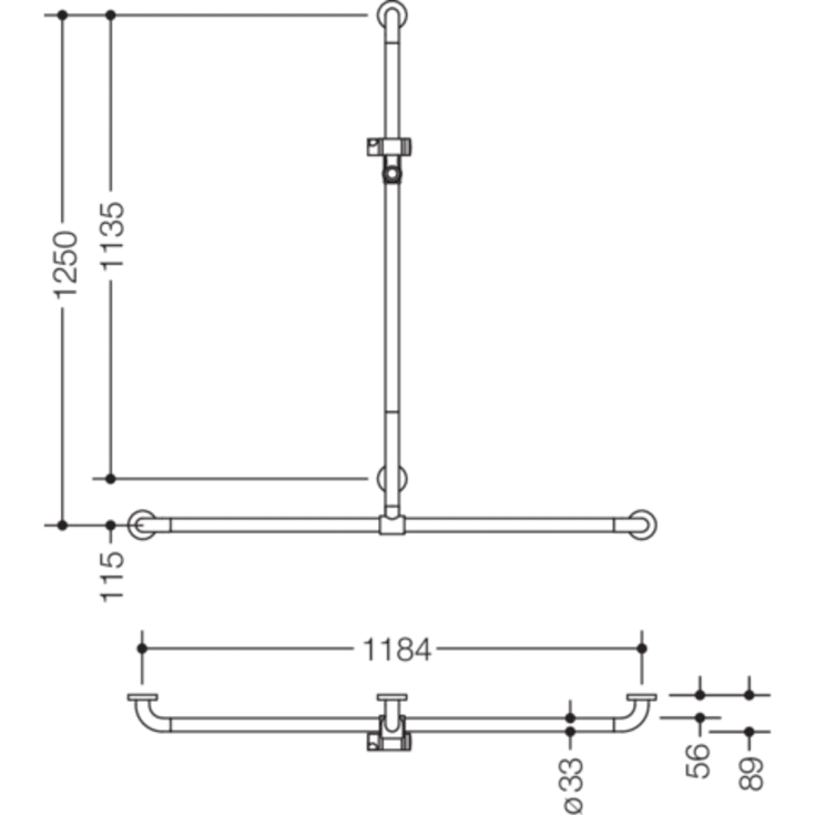 Hewi 801 T støttegreb/brusestang, 118,4x125 cm, mat grå