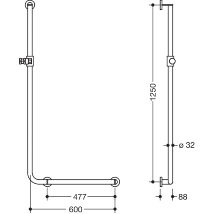 Hewi 900 L stödhandtag/duschstång, 60x125 cm, höger, krom/vit