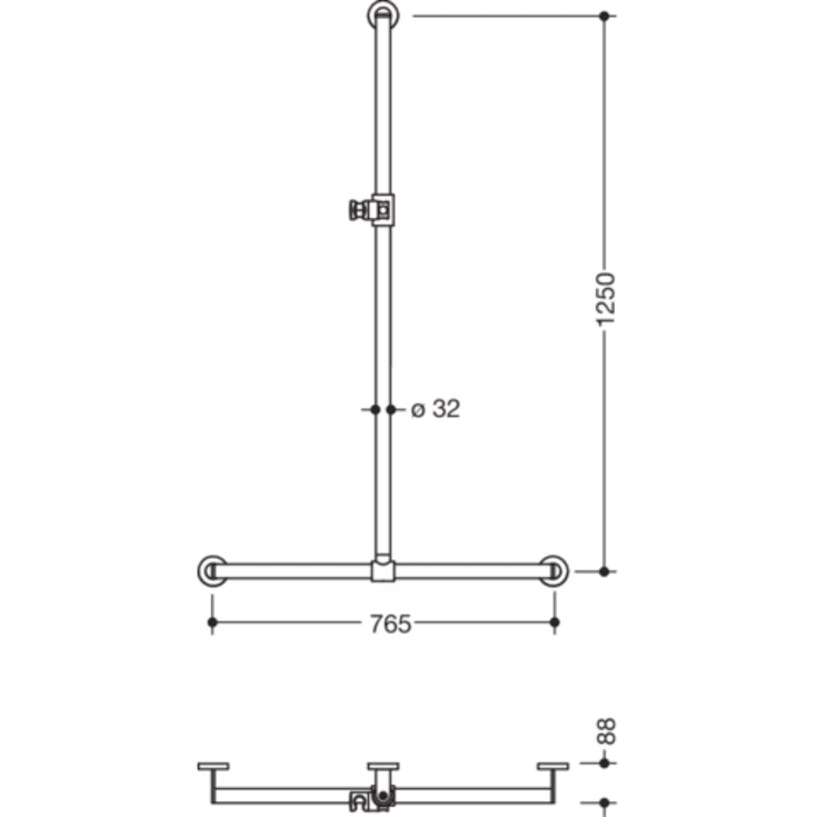 Hewi 900 T stödhandtag/duschstång, 76,5x125 cm, satin/vit