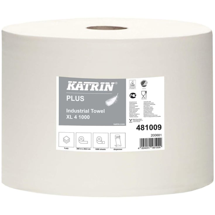 Katrin tørkerull 481009 plus, 4-lags, hvit, 5 cm x 360 m