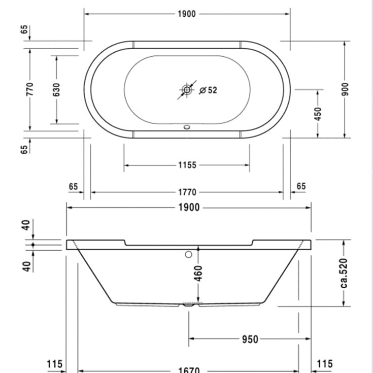 Duravit Starck Badekar for innbygging, ovalt, 190x90 cm