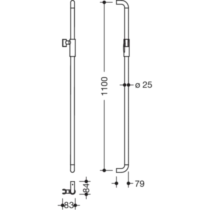 Hewi støttegreb/brusestang, 110 cm, mat stål
