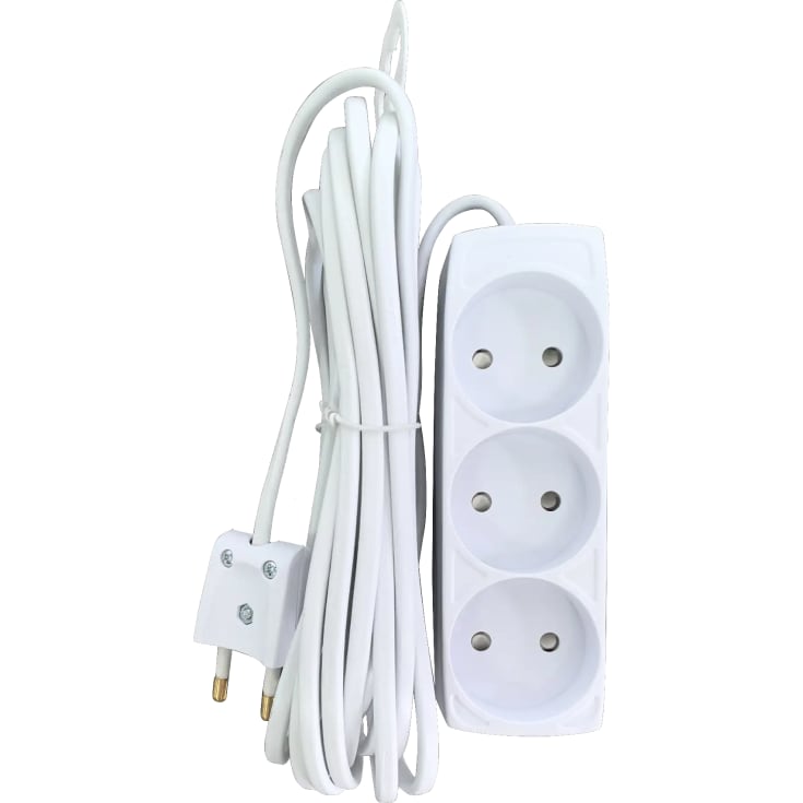 Stikdåse med 3 udtag, Uden jord, 2,5 meter, Hvid