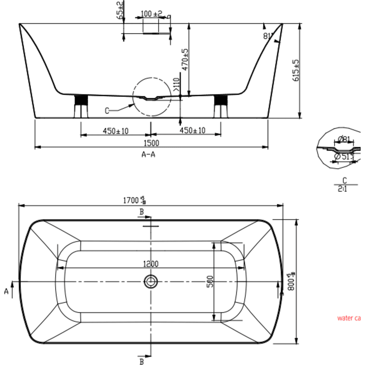 Strømberg Andria fritstående badekar, 1700 x 800 mm, mat hvid