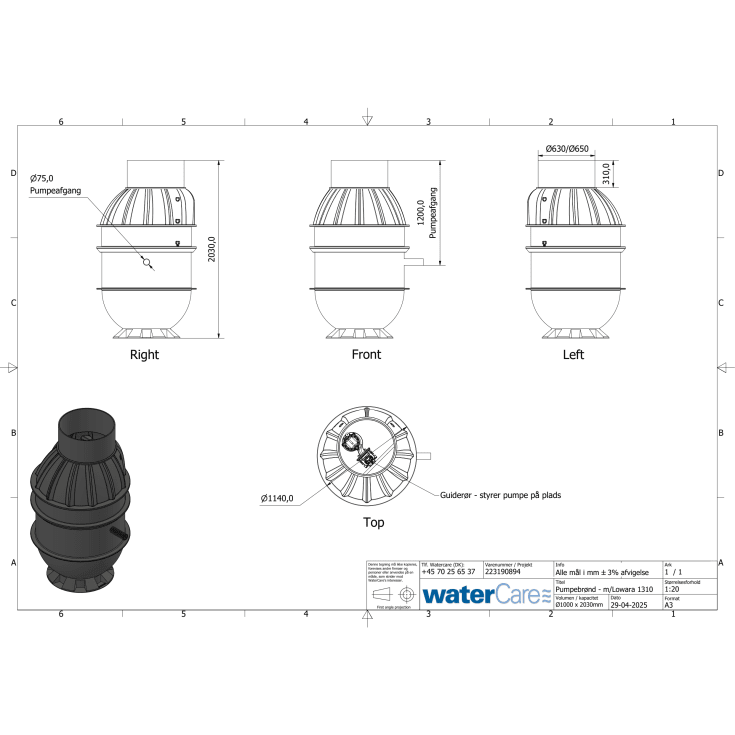 WaterCare 1000 x 1900 x 75 mm PE-pumpebrønd til gråt med KX1310