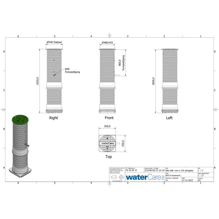 WaterCare 425 x 2000 x 40 mm PE-pumpebrønd til dræn m/Flygt SXM2