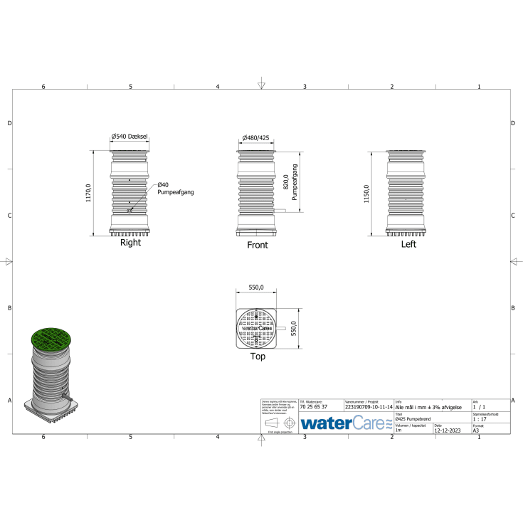 WaterCare 425 x 1000 x 40 mm PE-pumpebrønd til dræn m/Flygt SXM2