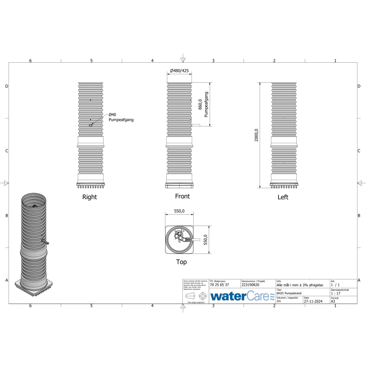 Watercare pumpebrønd, med Flygt pumpe, 425x2000 mm, til dræn
