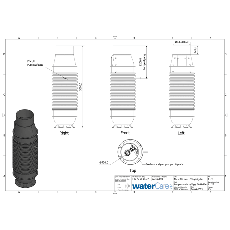 WaterCare 800 x 3000 x 50 mm PE-pumpebrønd til sort m/MP3069-254