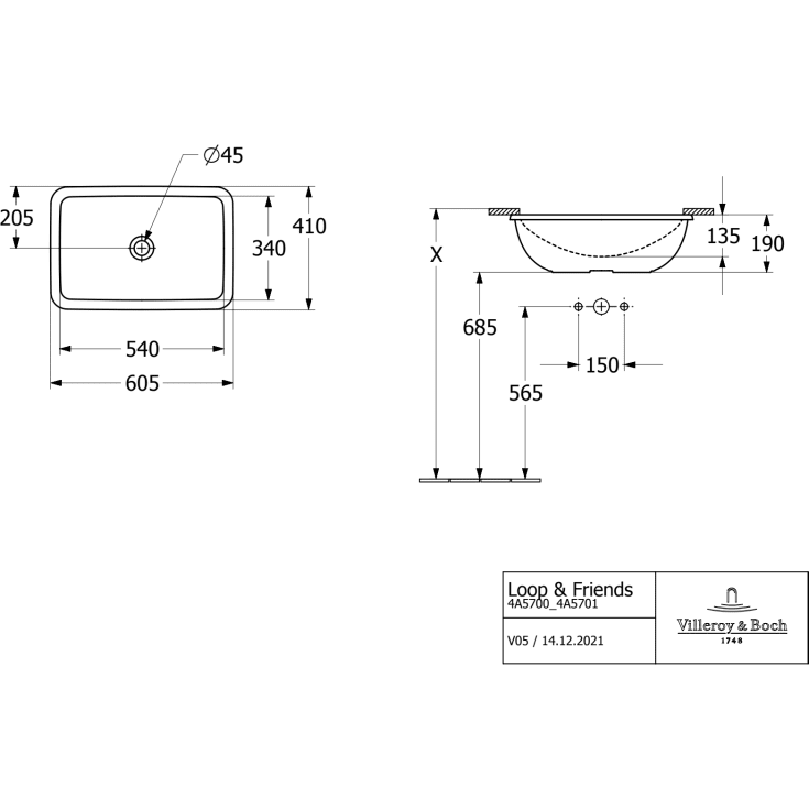V&B Loop & Friends underlimt servant, 54x34 cm, uten overløp, hvit
