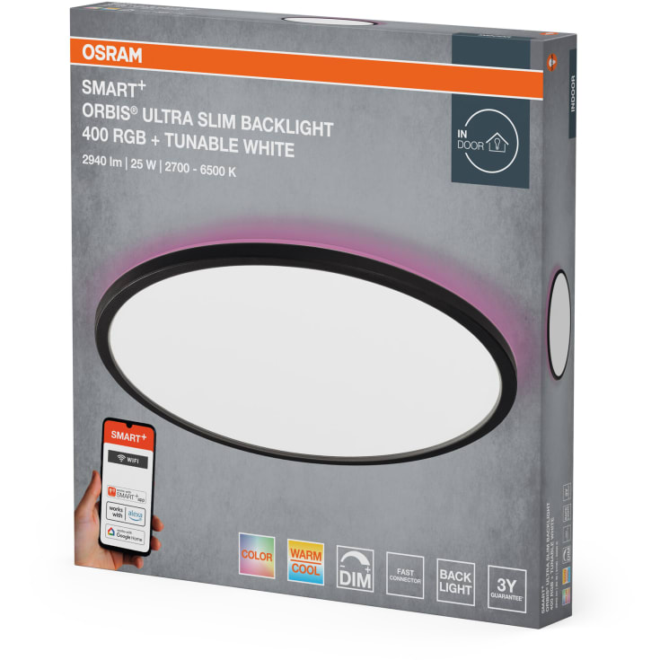 Osram Smart+ Wifi Ultra Slim Backlight plafond, farveskift + hvid, sort, Ø40 cm