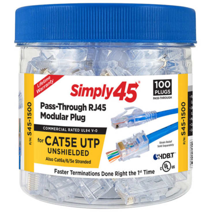 Simply45 RJ45 Pass-Through CAT5E blå UTP uskærmet, 100 stk