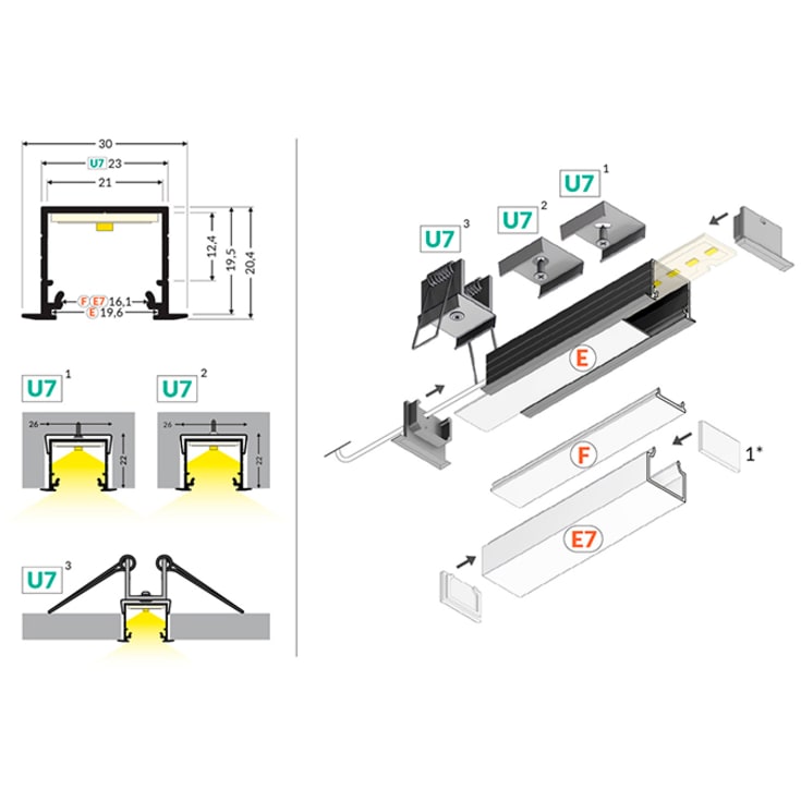 Aluminiumsprofil Model L (Indbyg) 20mm LED strip, lgd 1M, hvid