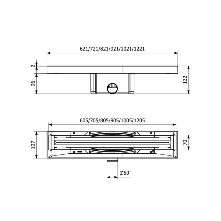Purus Pro Line Premium komplett golvbrunn, Ø50 mm, 1200 mm, sida
