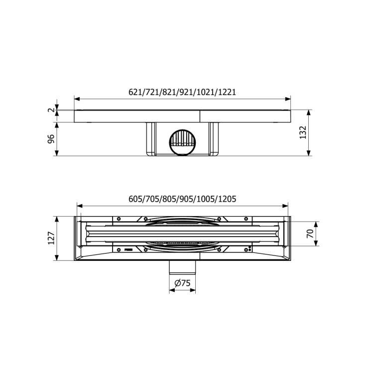 Purus Pro Line Premium komplett golvbrunn, Ø75 mm, 1000 mm, sida