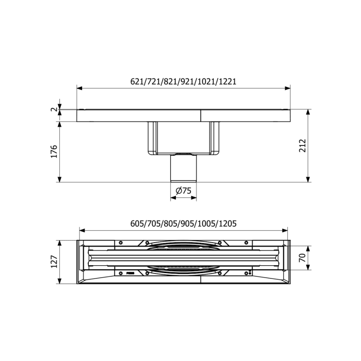 Purus Pro Line Premium komplett golvbrunn, Ø75 mm, 700 mm, botten