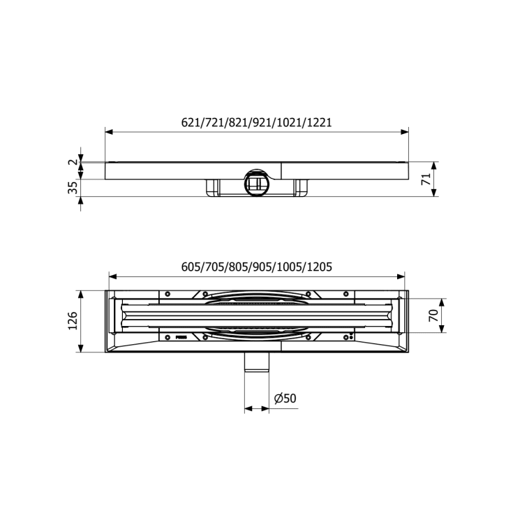Purus Pro Line Premium komplett golvbrunn, Ø50 mm, 700 mm, låg sida