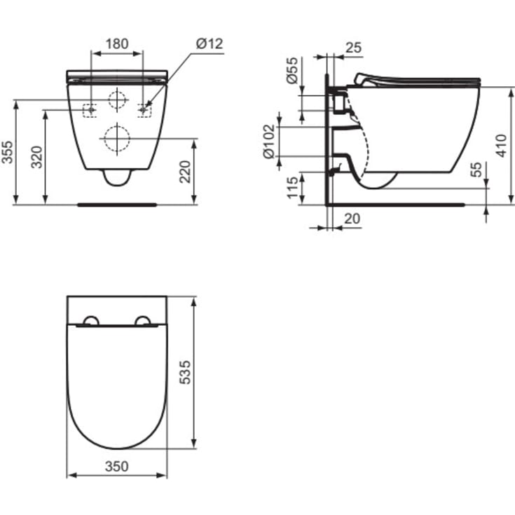 Ideal Standard væghængt toilet, uden skyllekant, hvid