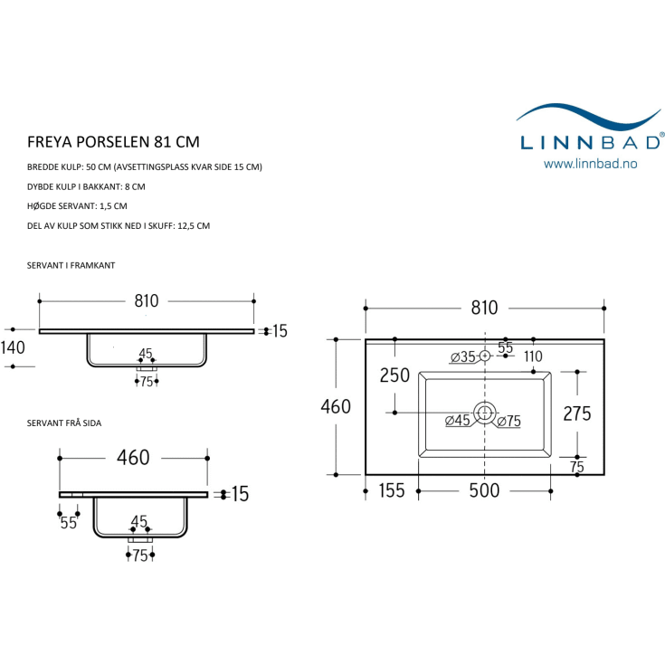 Linn Bad Freya 80 møbelservant, 81x46 cm, hvit