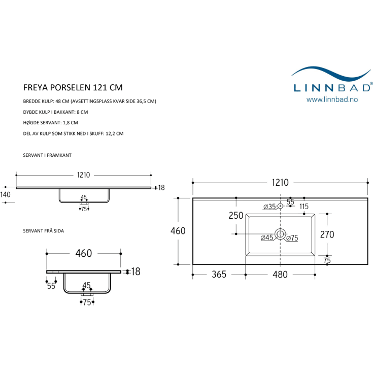 Linn Bad Freya 120 møbelservant, 121x46 cm, hvit