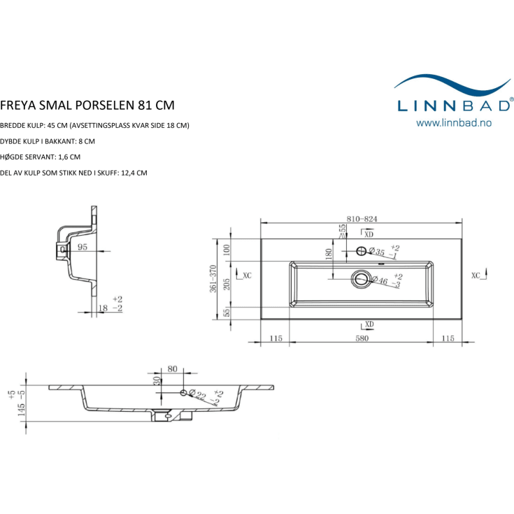 Linn Bad Freya Smal 80 møbelservant, 81x36,5 cm, hvit