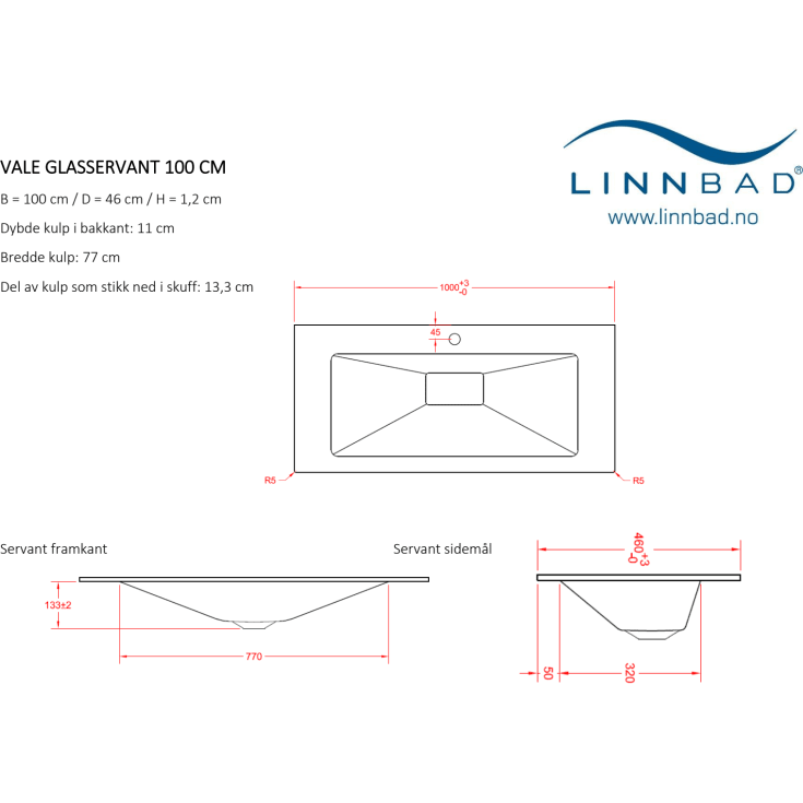 Linn Bad Vale møbelservant, enkel, 100x46x1,2 cm, uten overløp, hvit