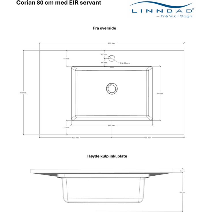 Linn Bad Corianplate med EIR servant, 80x46 cm, uten overløp, senter, hvit matt