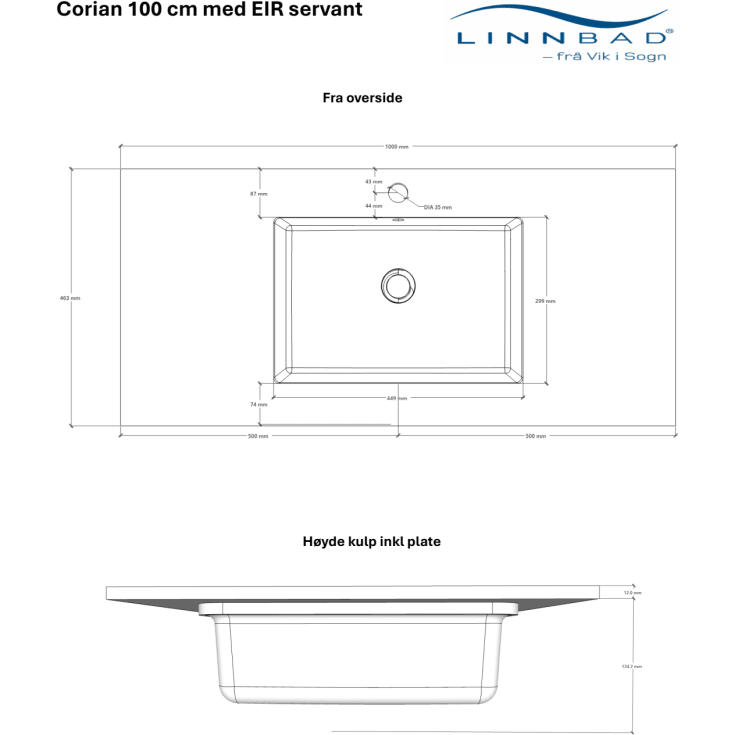 Linn Bad Corianplate med EIR servant, 100x46 cm, uten overløp, senter, hvit matt