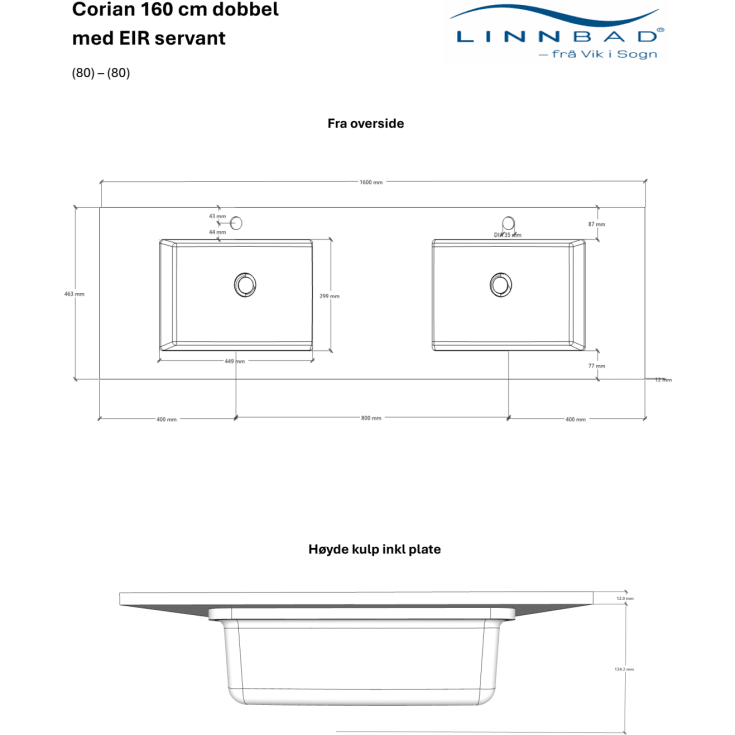 Linn Bad Corianplate med EIR servant, 160x46 cm, uten overløp, dobbel, hvit matt