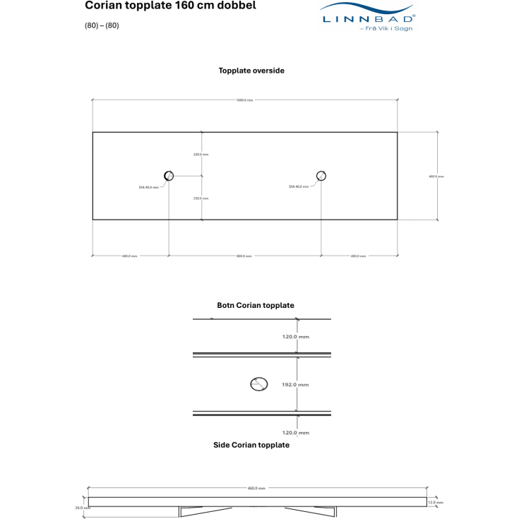 Linn Bad Corian benkeplate, 160x46x1,2 cm, dobbel, hvit matt