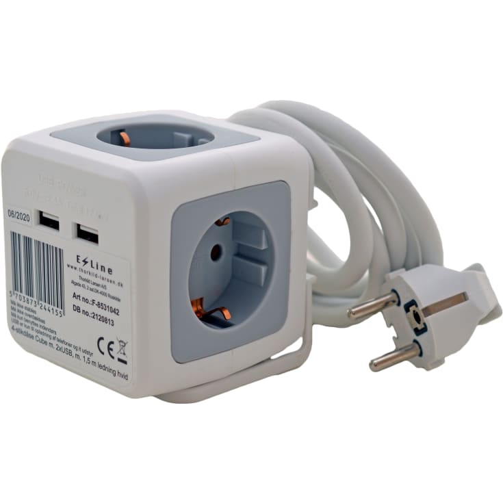 E-Line Cube stikdåse med 4 udtag, schuko & USB